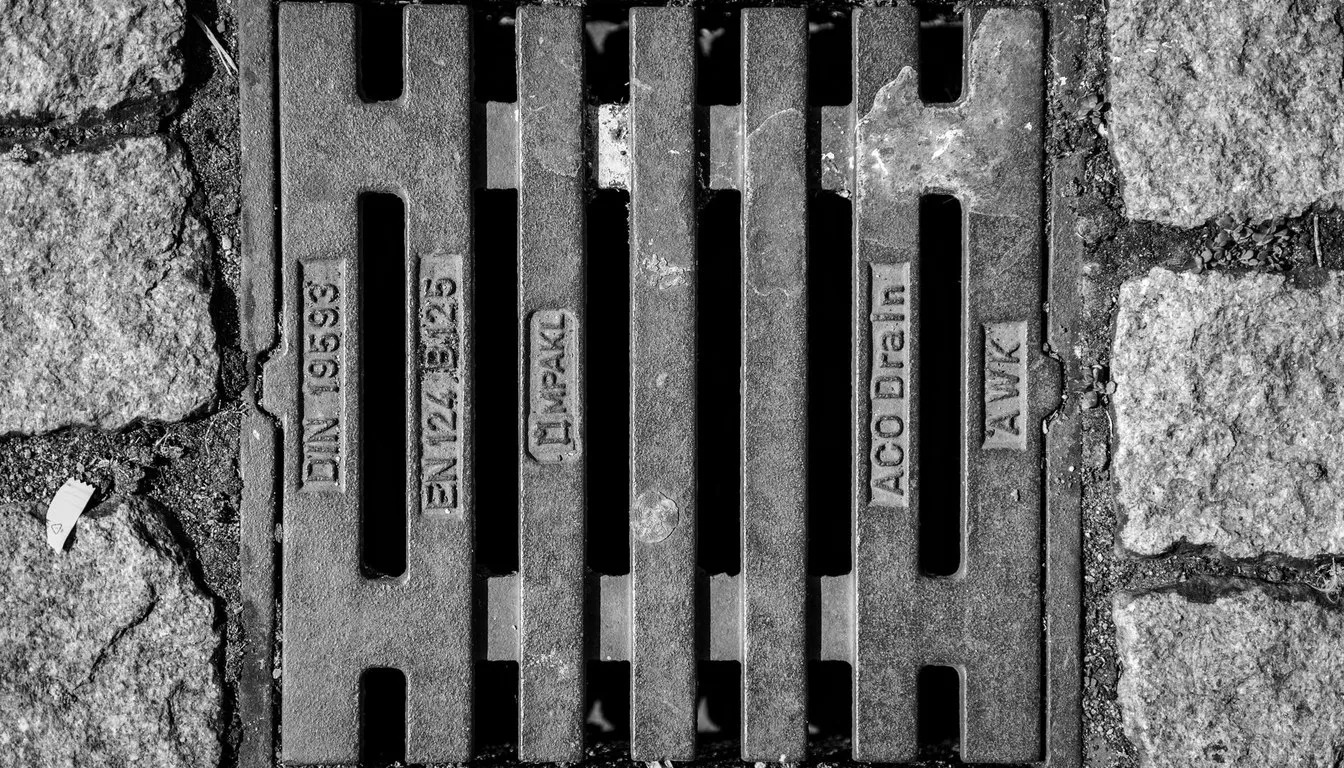 Cast metal drain grate set into stone paving