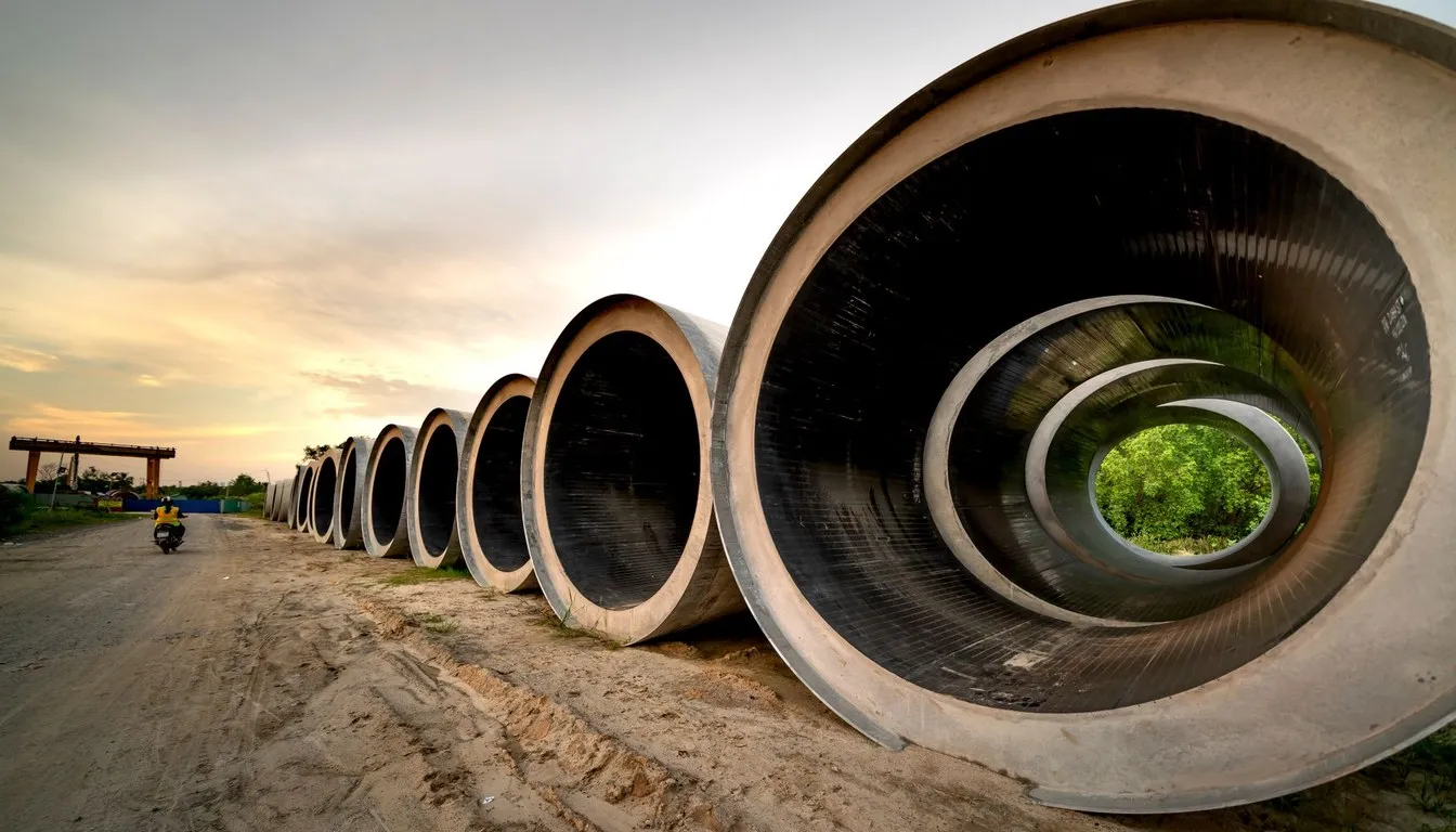 Row of concrete drainage pipes