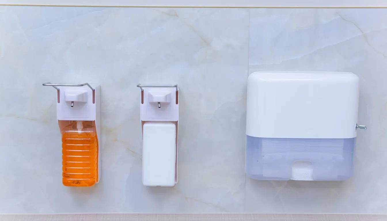 Wall-mounted soap dispensers on a marble bathroom wall