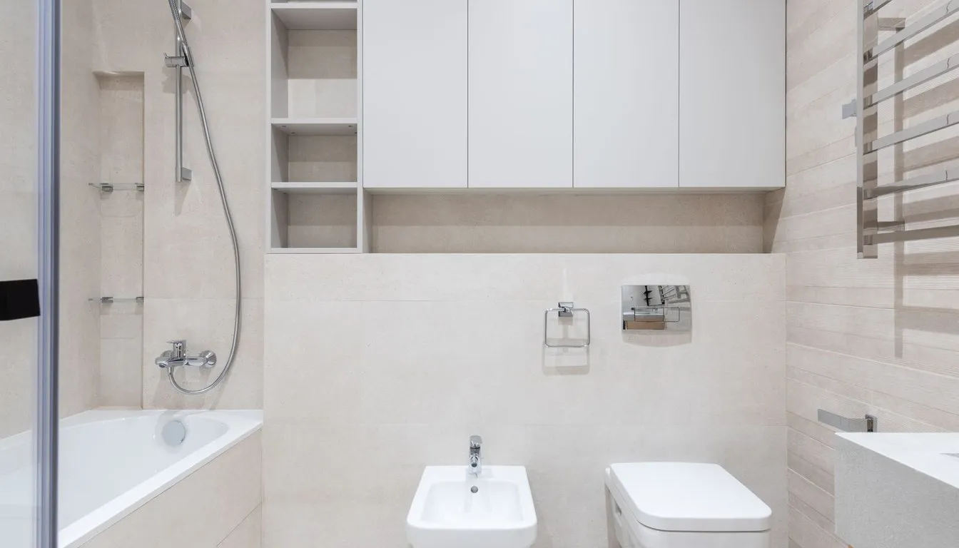 Modern bathroom with a toilet and bidet side by side