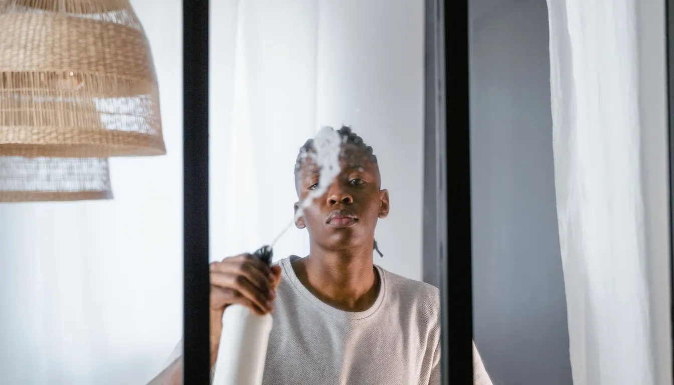 Man spraying cleaner near a bright window