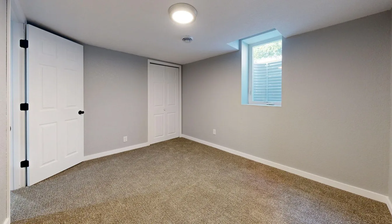 Finished basement room with carpet and window