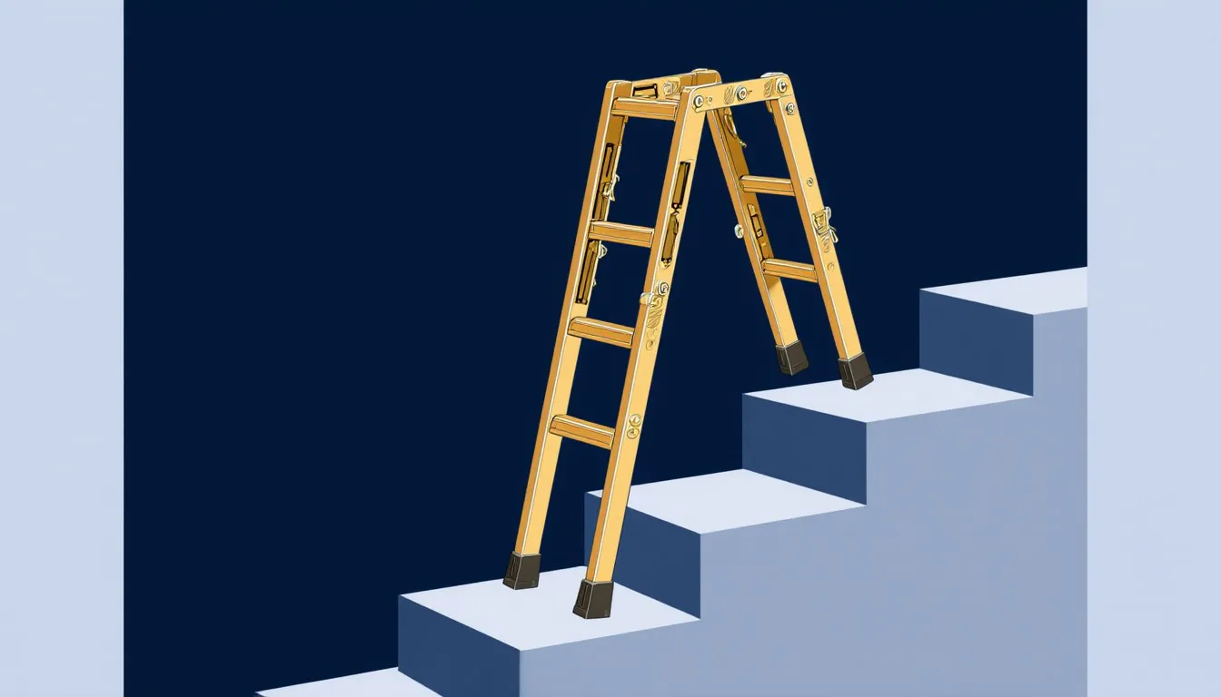 Articulated ladder set up across a staircase