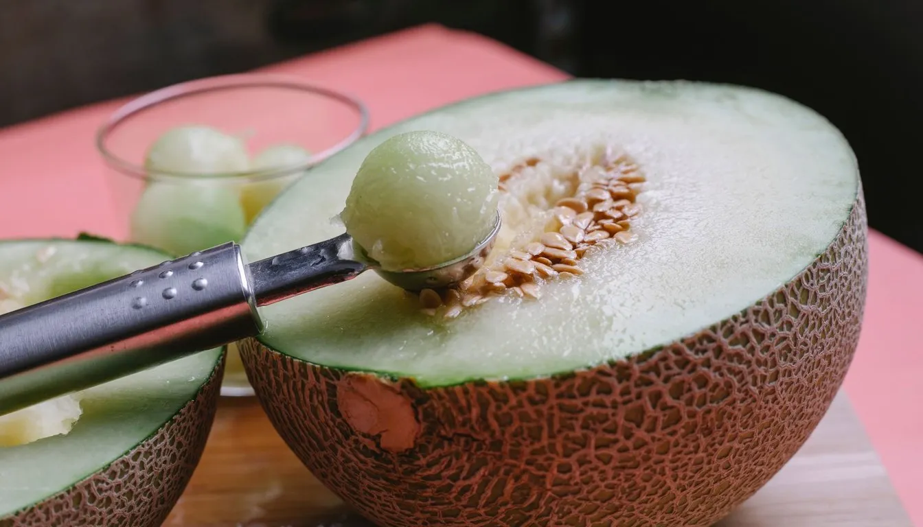 Melon baller scooping a ball from a cantaloupe
