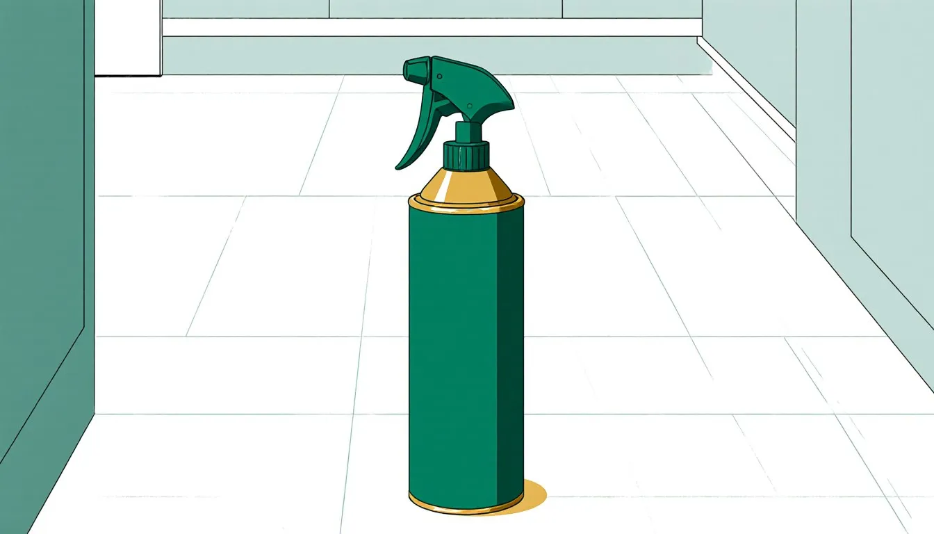 A fogger canister standing in an empty tiled room