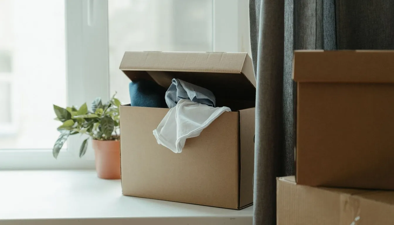 Cardboard moving boxes and a potted plant by a window