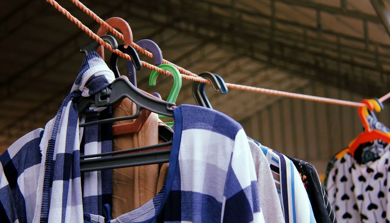 Shirts on hangers drying on a clothesline