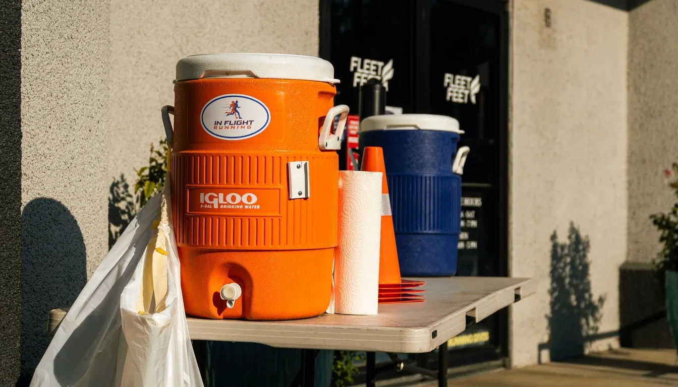 Orange drinks cooler on a table with stacked cups