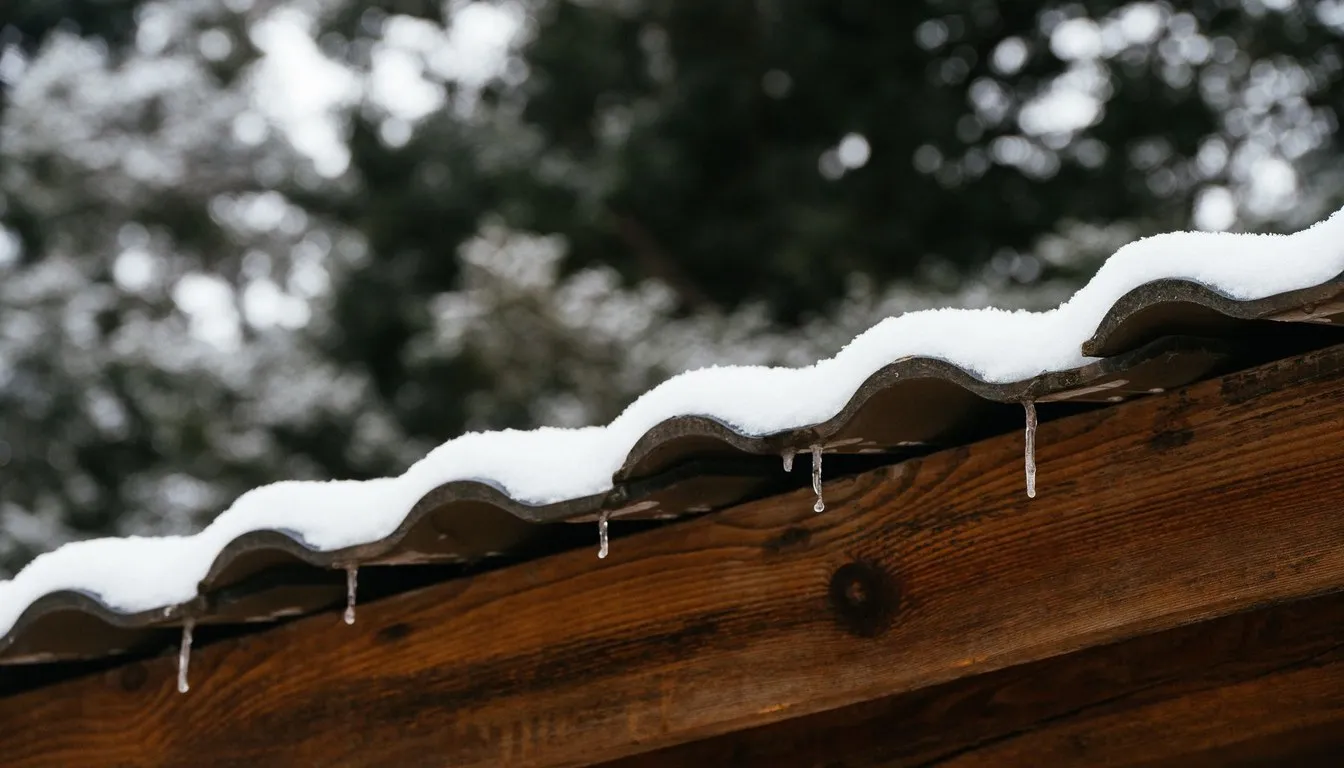 Snow piled along the edge of a roof