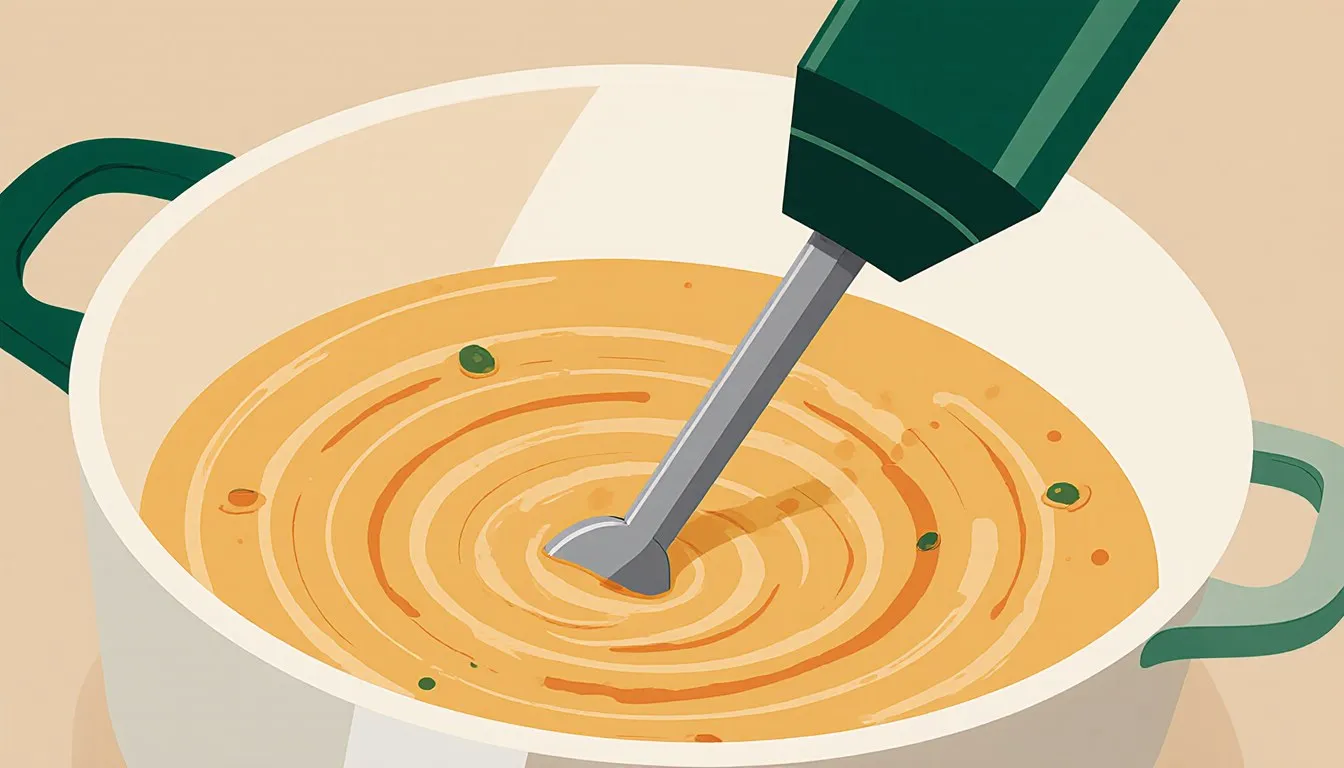 Immersion blender pureeing soup in a pot