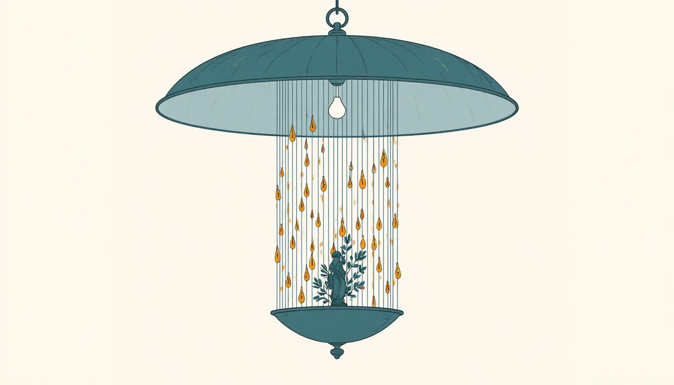 Rain lamp with oil strands falling from a domed shade