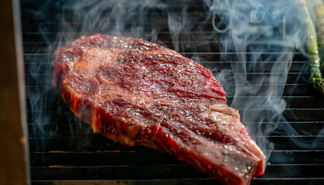 Steak searing over a grill with smoke rising