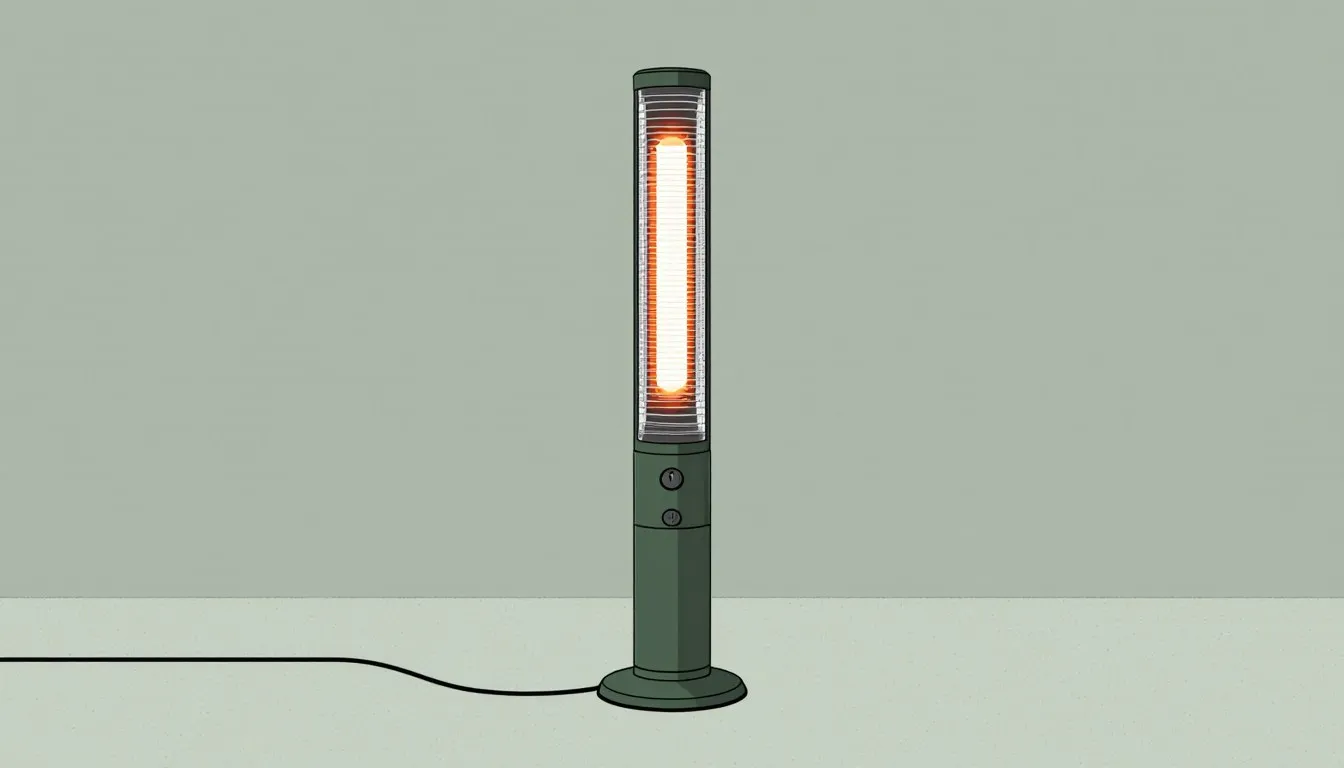 Slim infrared tower heater standing against a plain wall