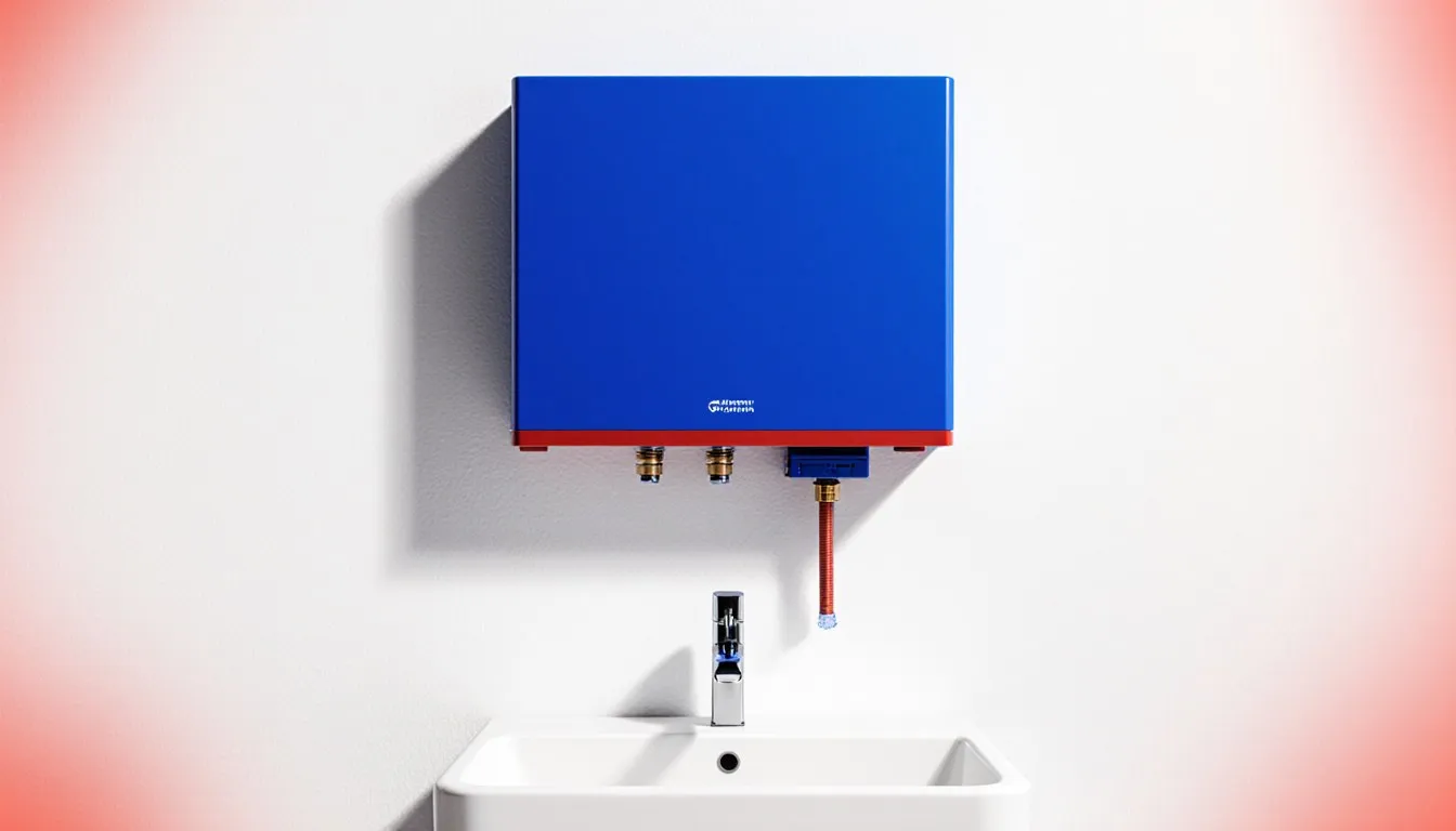 Tankless instant water heater mounted on the wall above a sink