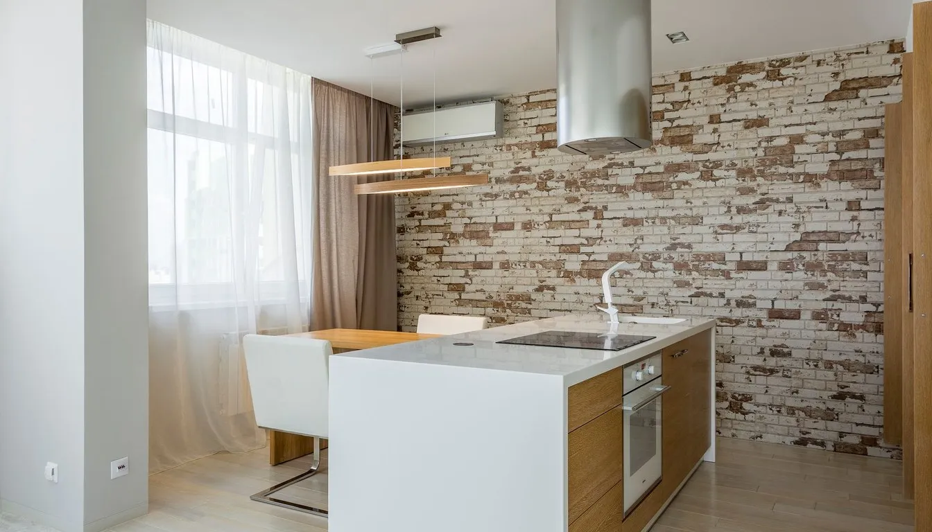 Kitchen island with a stainless range hood