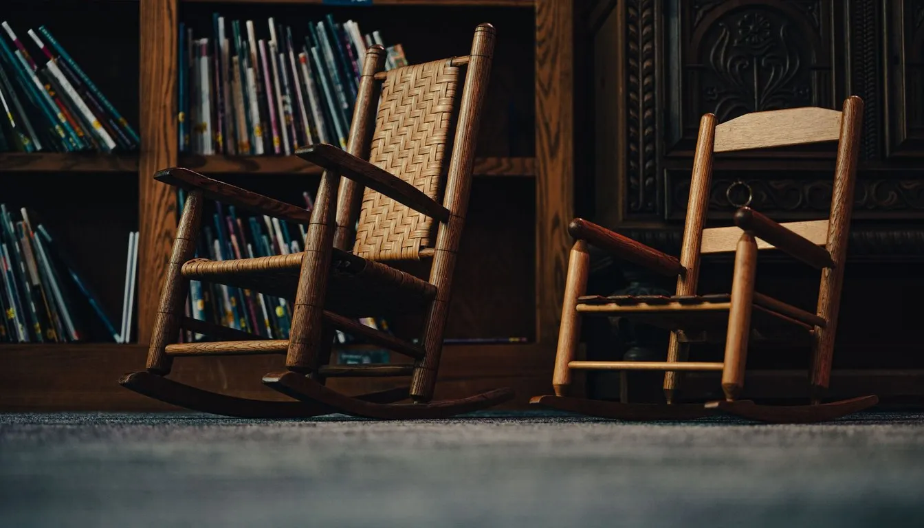 Wooden rocking chairs beside a bookshelf