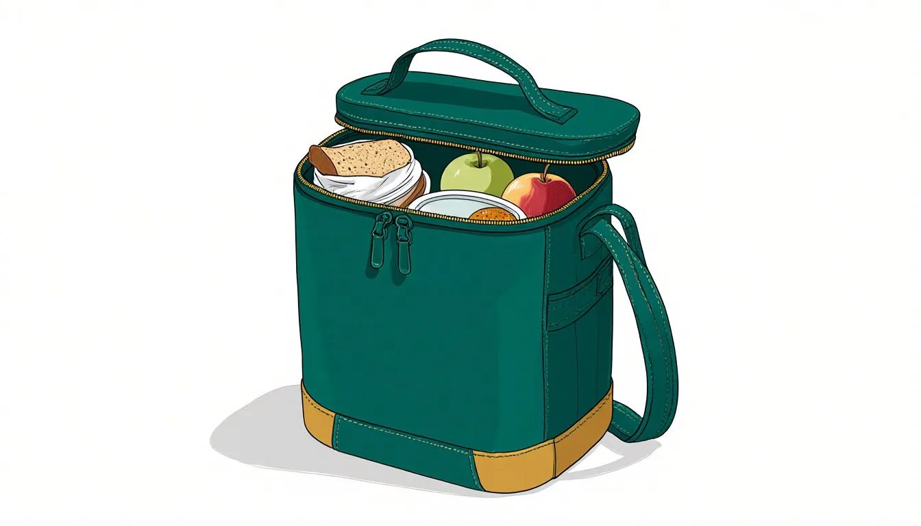 Insulated lunch bag packed with fruit and containers