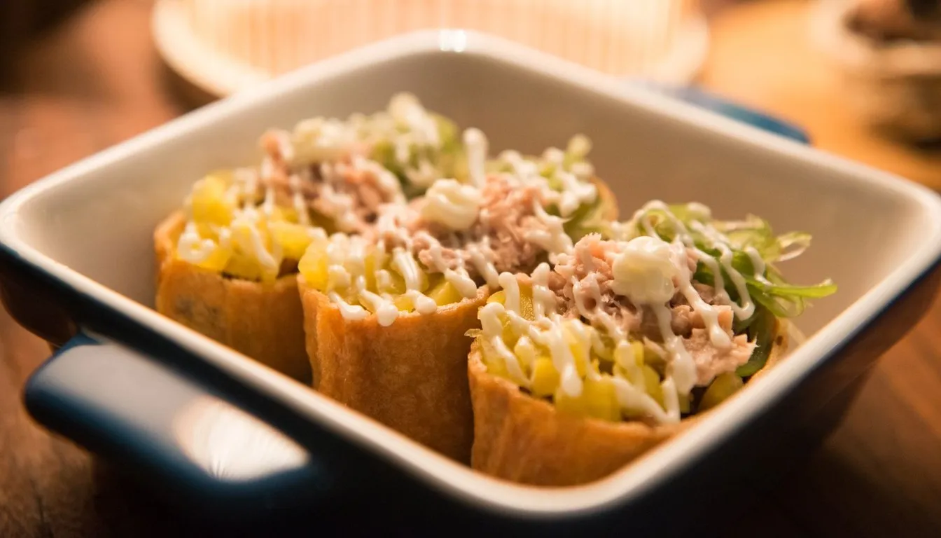 Appetizers served in a square melamine bowl