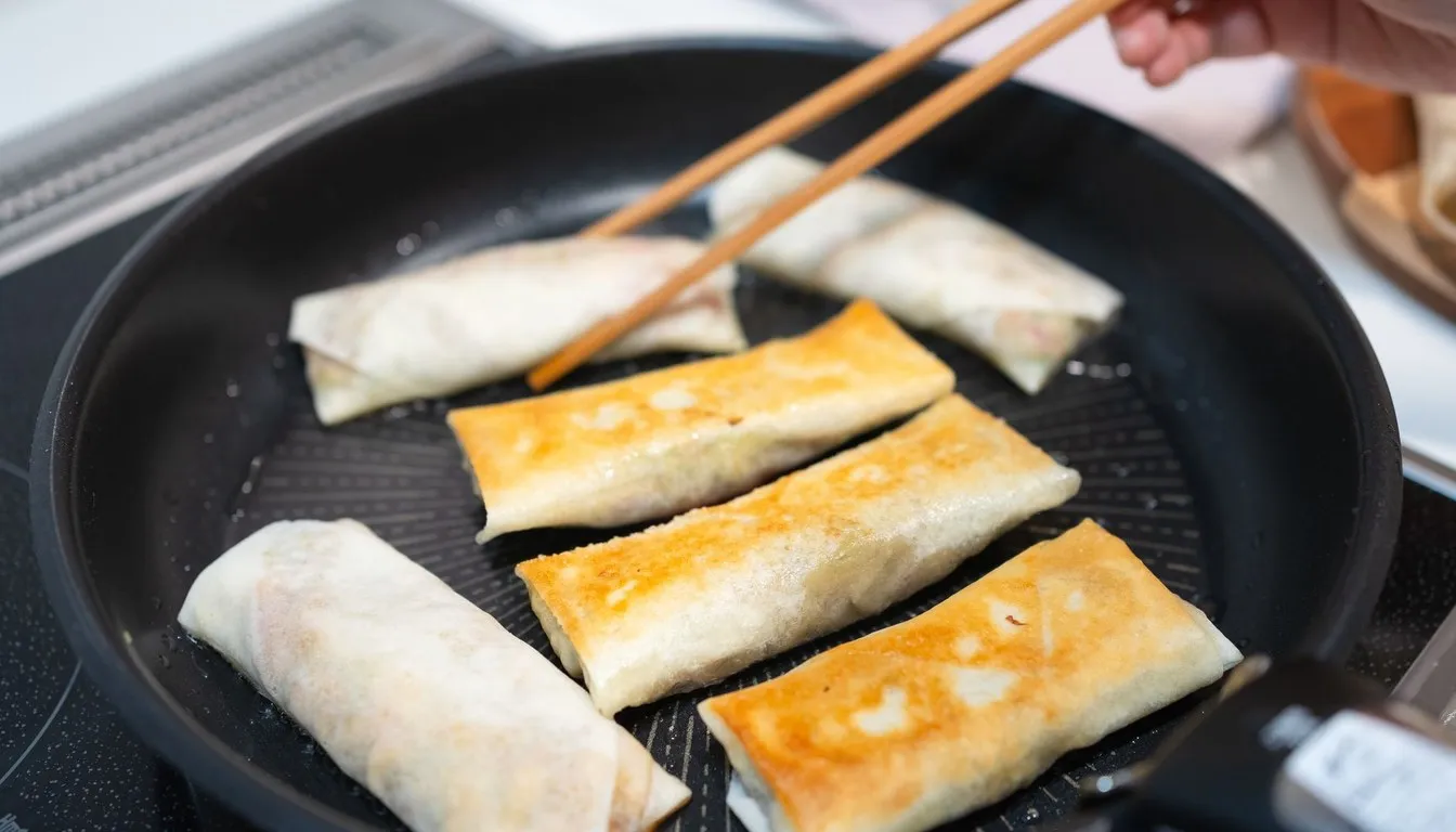 Spring rolls frying in a non-stick pan