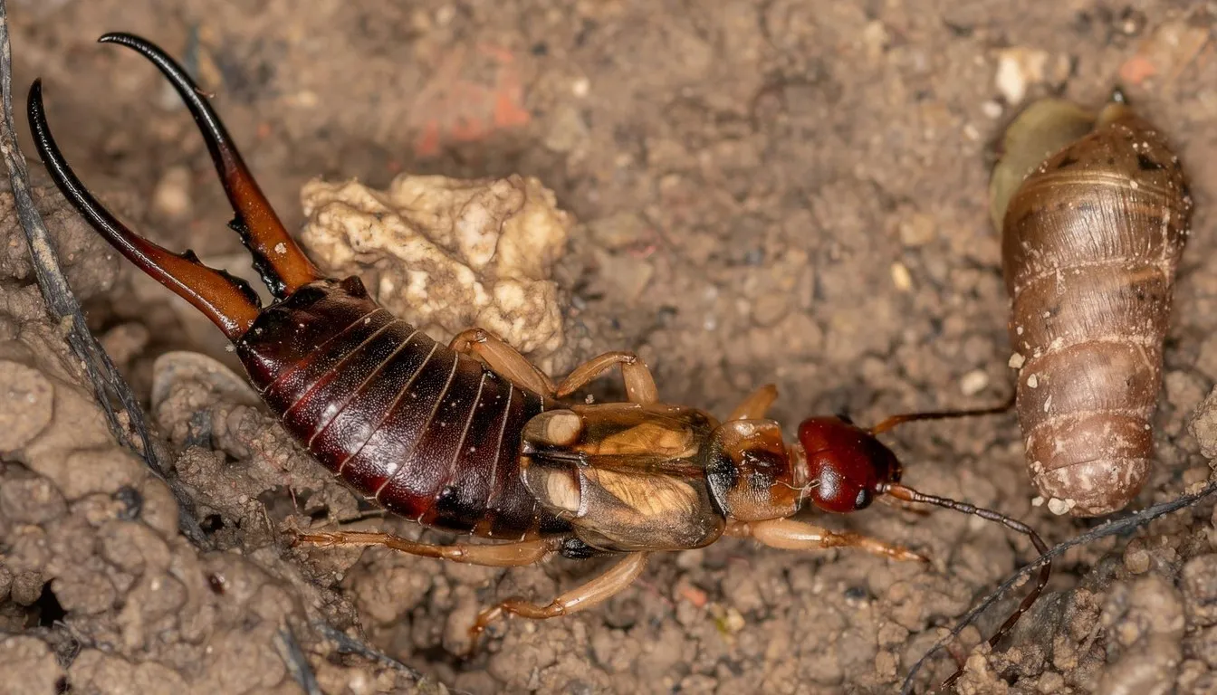 A close-up of an earwig with curved pincers crawling over soil