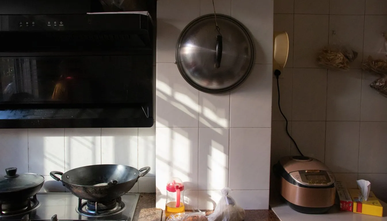Kitchen counter with wok, rice cooker, and pans