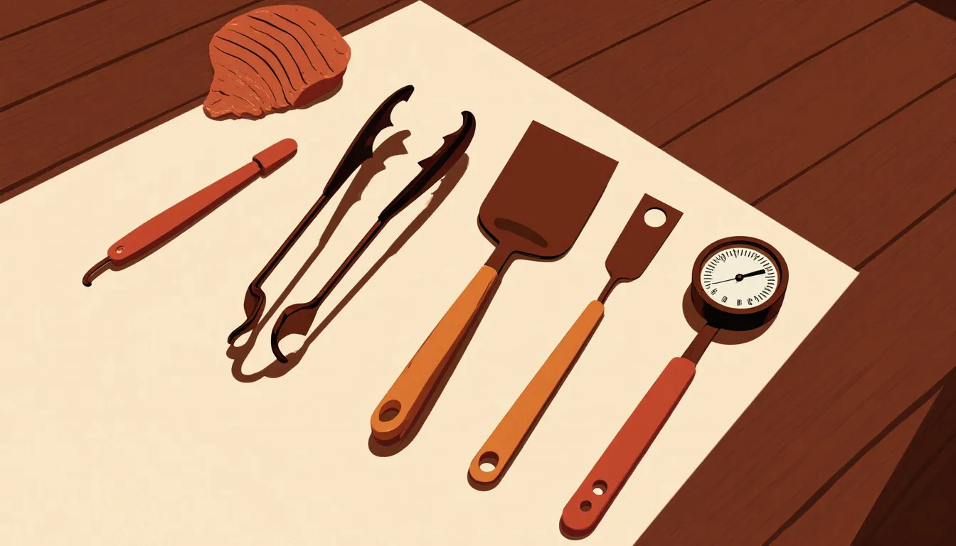 Kitchen tools and a timer laid out on a wood counter