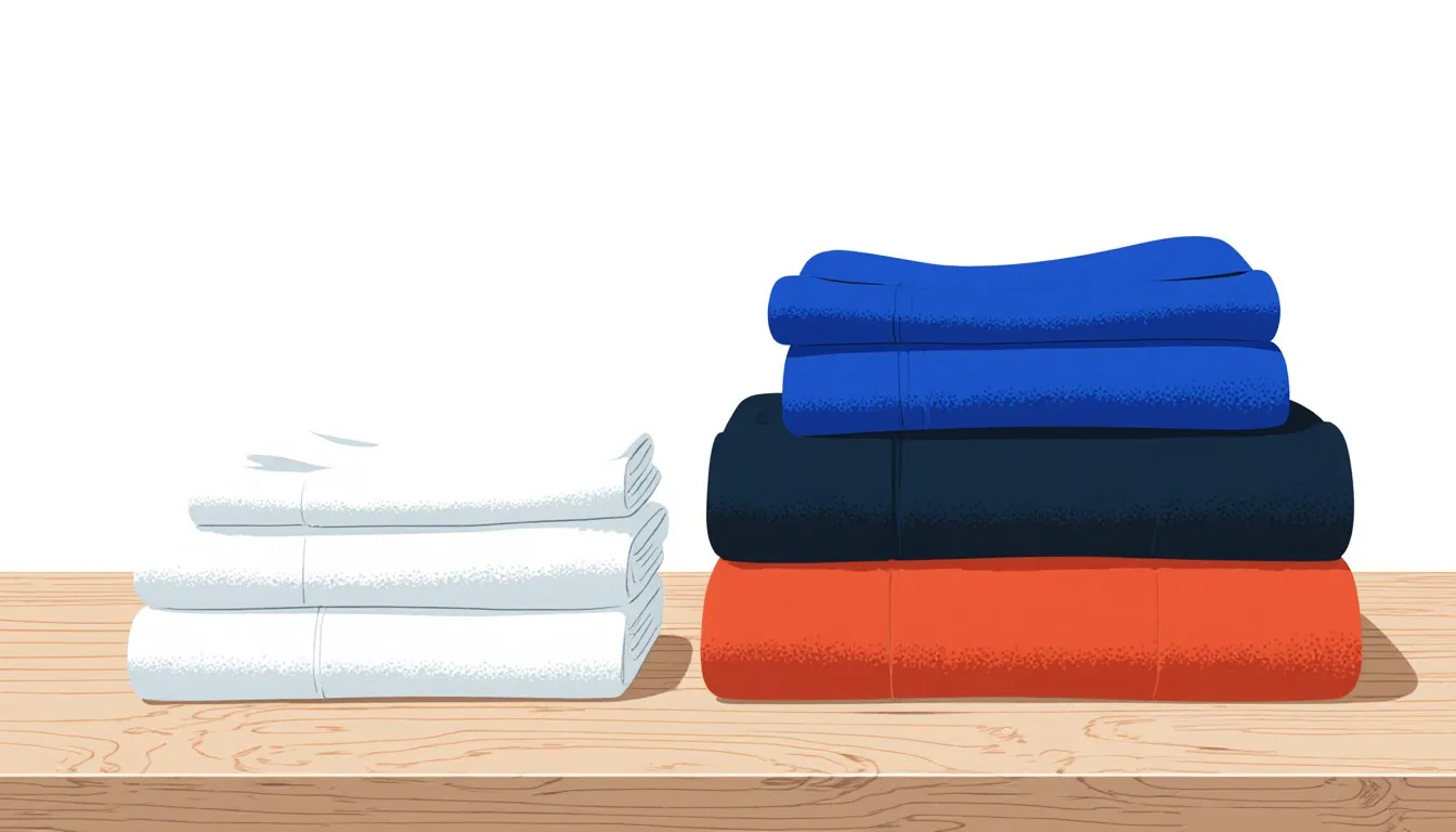 A stack of folded white linens beside a stack of folded blue, navy, and orange clothes on a wooden table