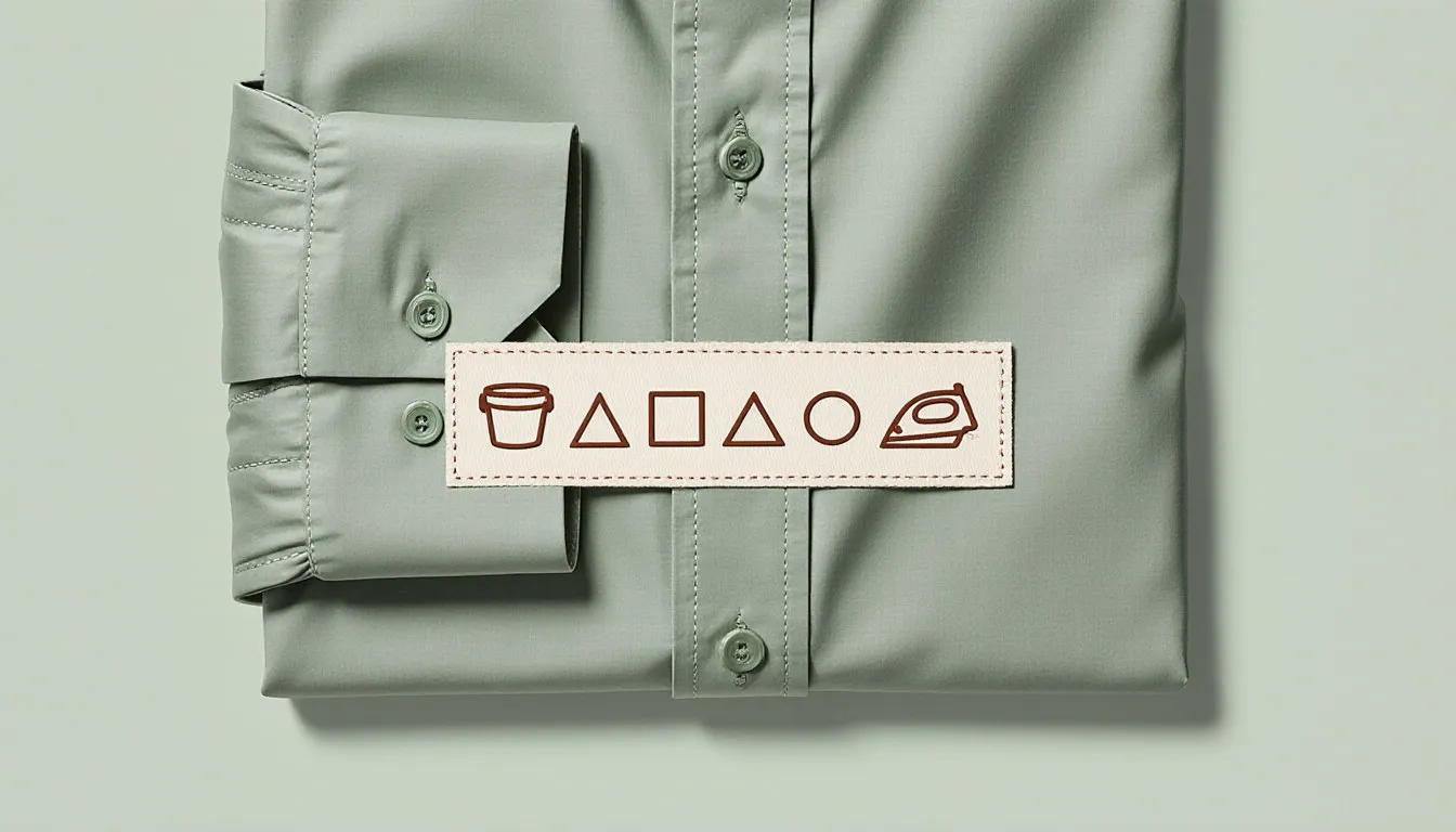 Care label on a folded shirt showing a row of laundry symbols