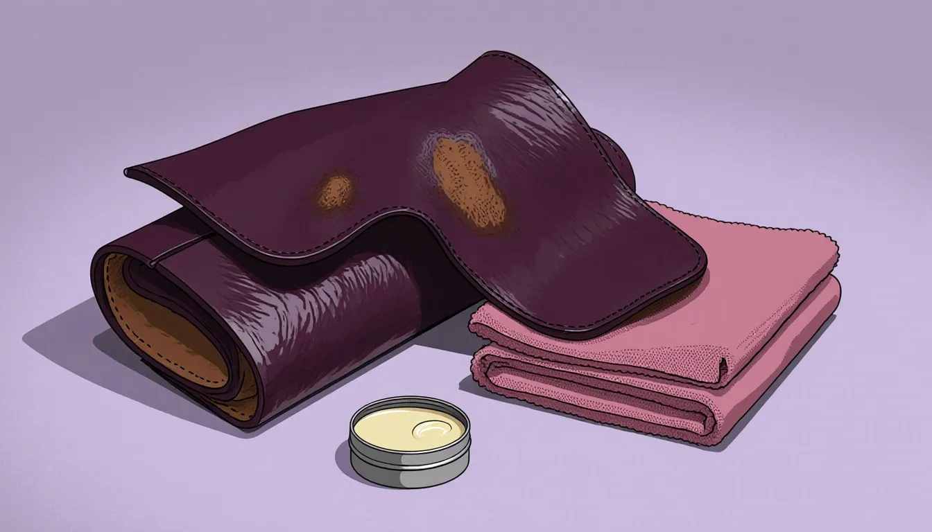 A folded leather jacket sleeve beside a microfiber cloth and an open tin of leather conditioner