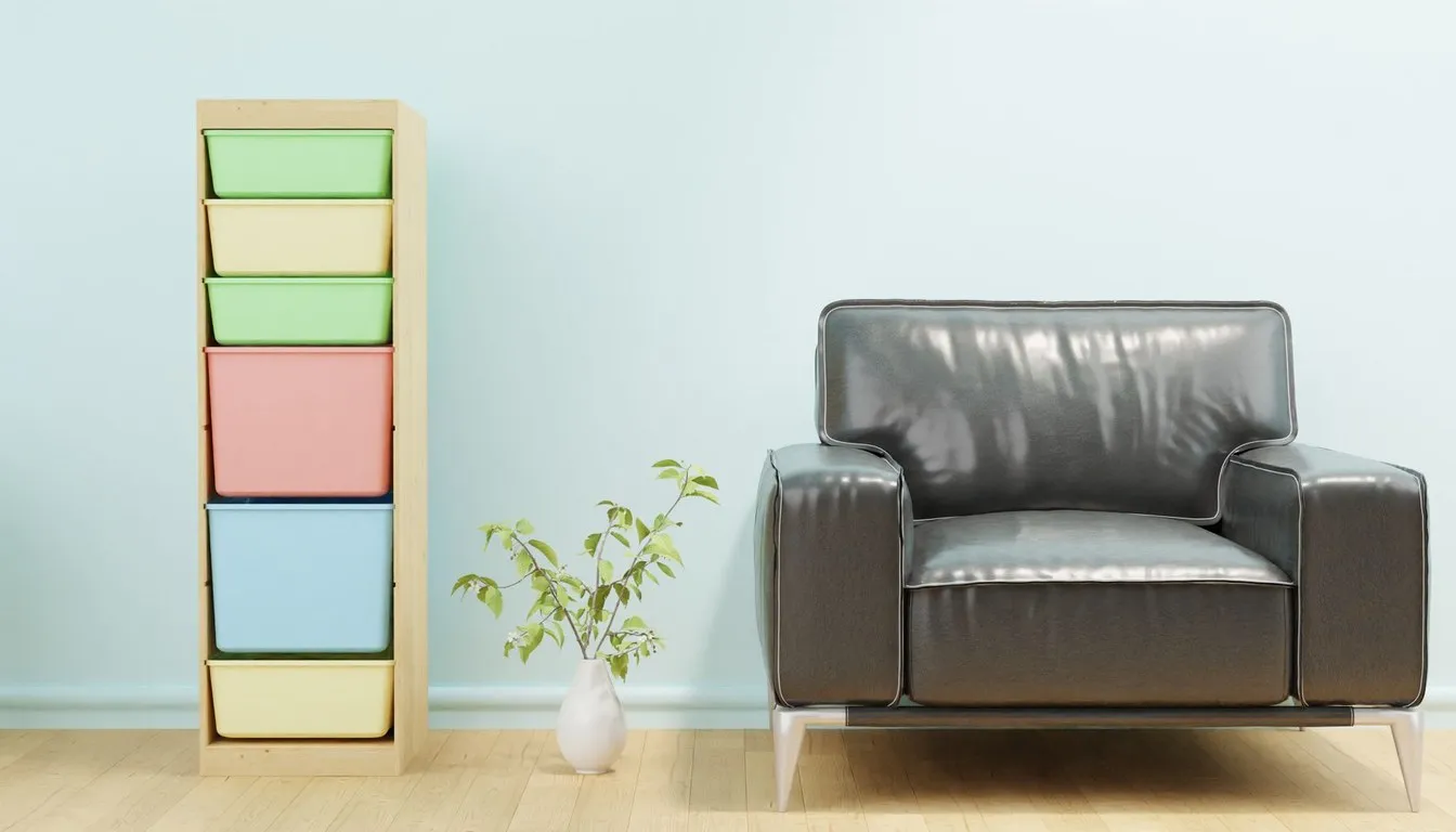 Gray leather armchair beside pastel storage drawers