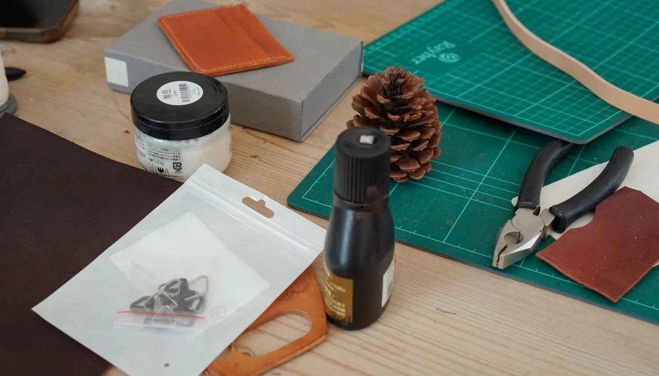 Leather craft bench with dye and tools