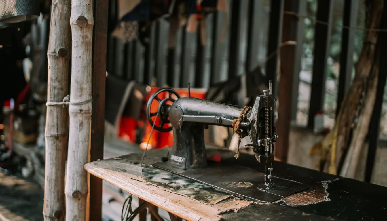 Vintage sewing machine on a workbench