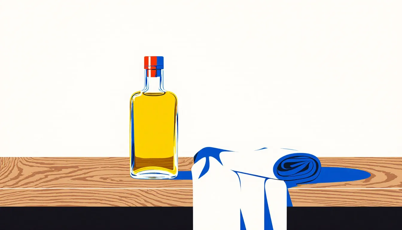 Bottle of lemon oil beside a folded polishing cloth