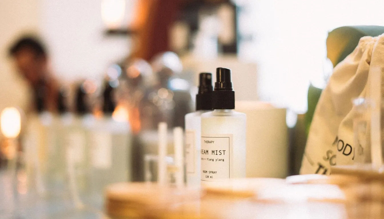 Essential oil mist bottles on a shop counter