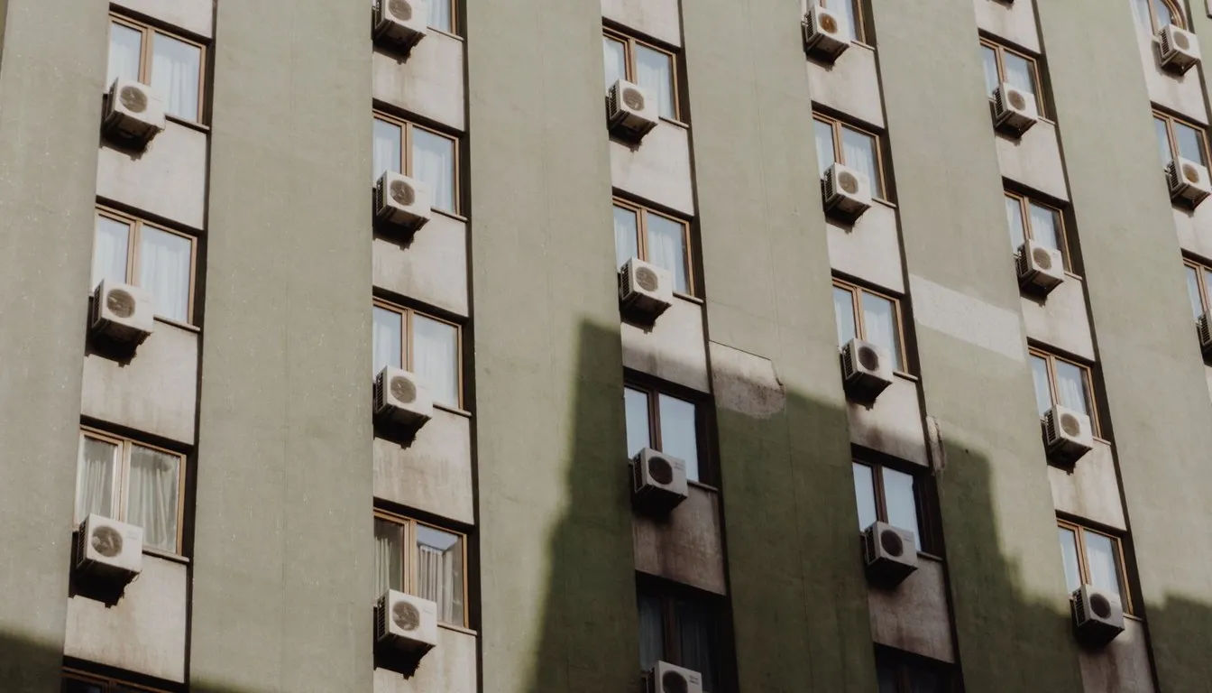 Apartment building facade with window air conditioners