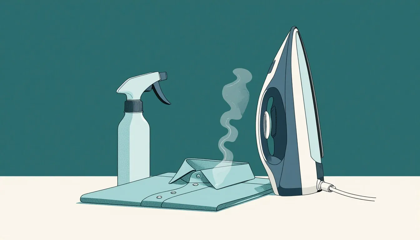 Spray starch bottle beside an iron and a pressed shirt