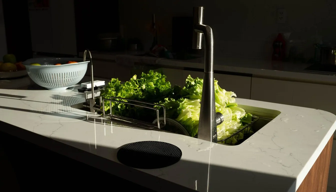 Kitchen faucet running over fresh greens