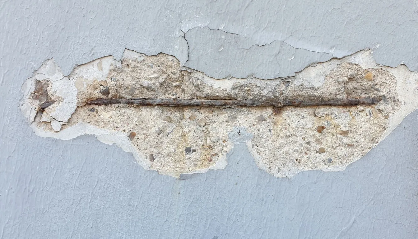 Cracked and flaking siding exposing rusted mesh beneath
