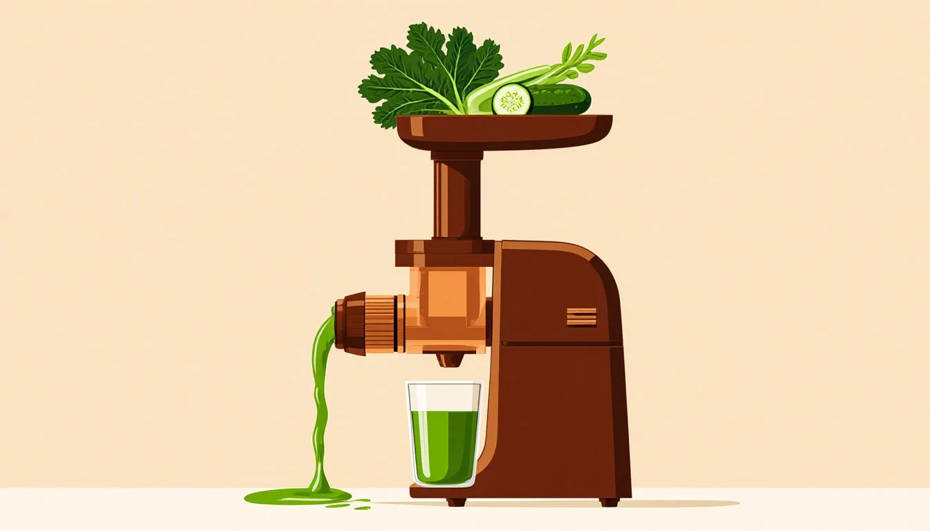 Masticating auger juicer extruding green juice into a glass