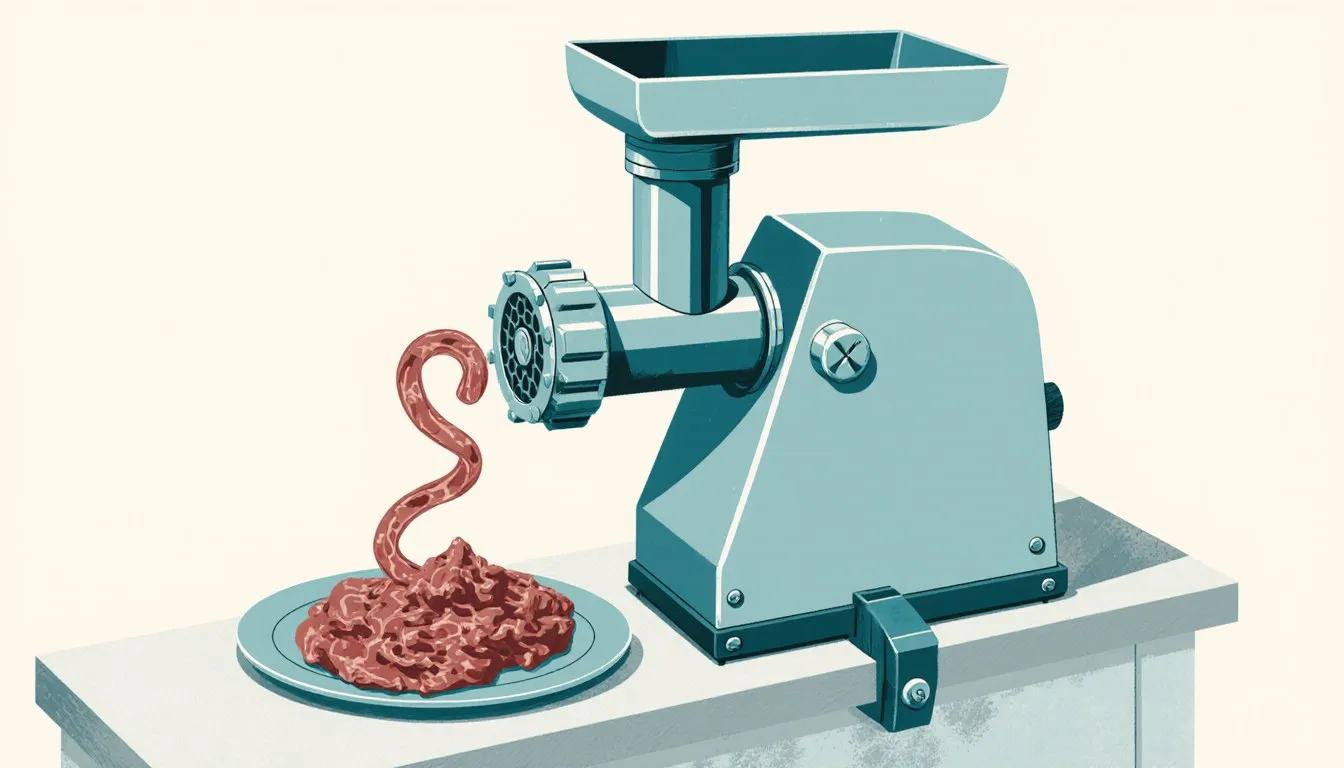 Meat grinder with ground meat on a plate