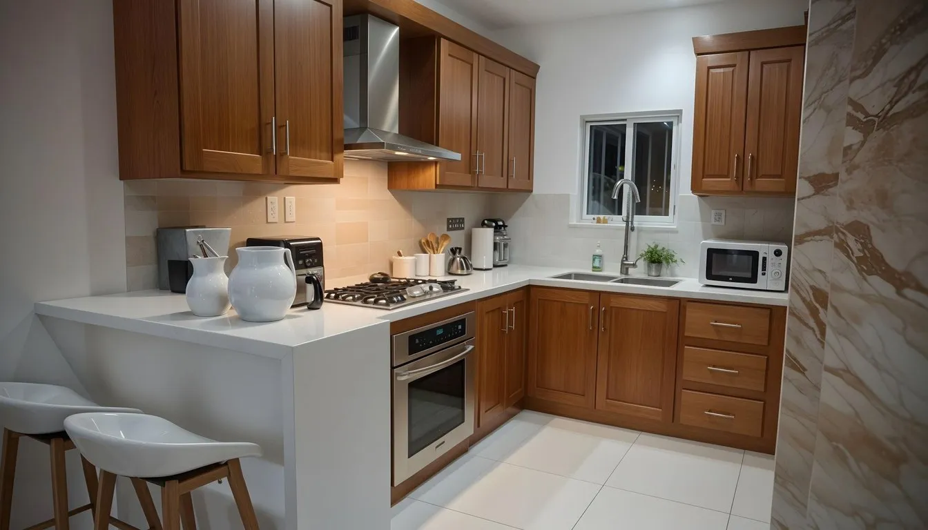 Kitchen with an over-the-range microwave and hood