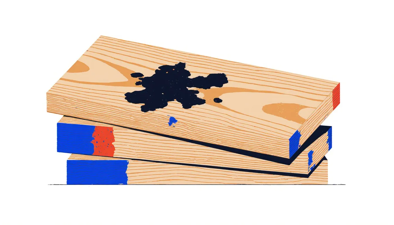 Stacked wood boards with a dark mildew patch