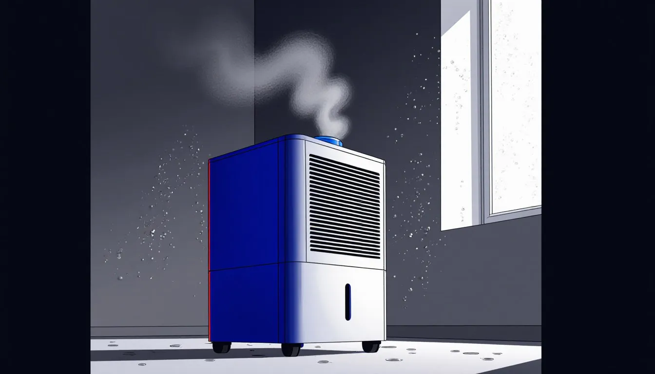 Dehumidifier running in a damp room beside a window