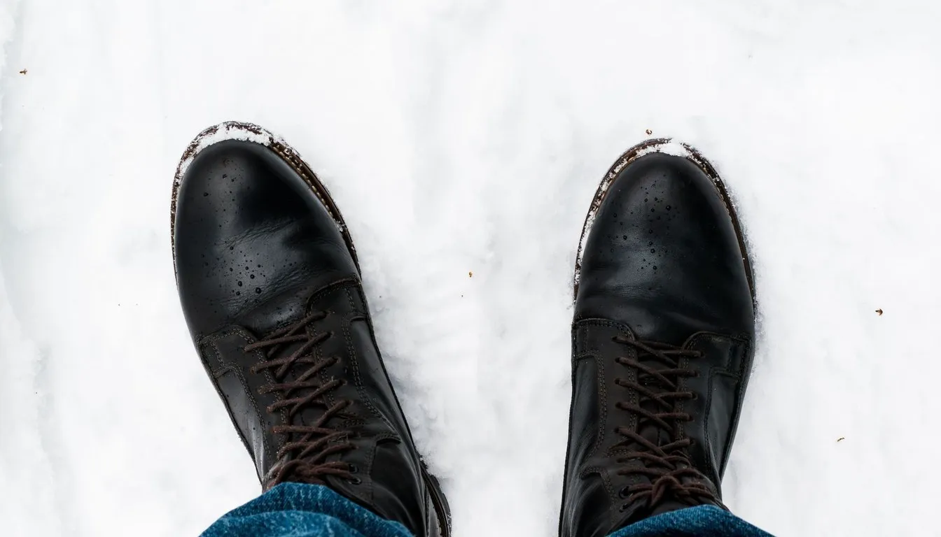 Polished black leather boots standing in snow