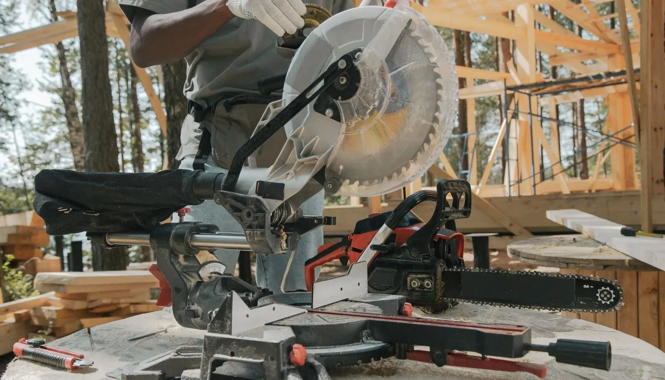 Worker cutting lumber with a miter saw