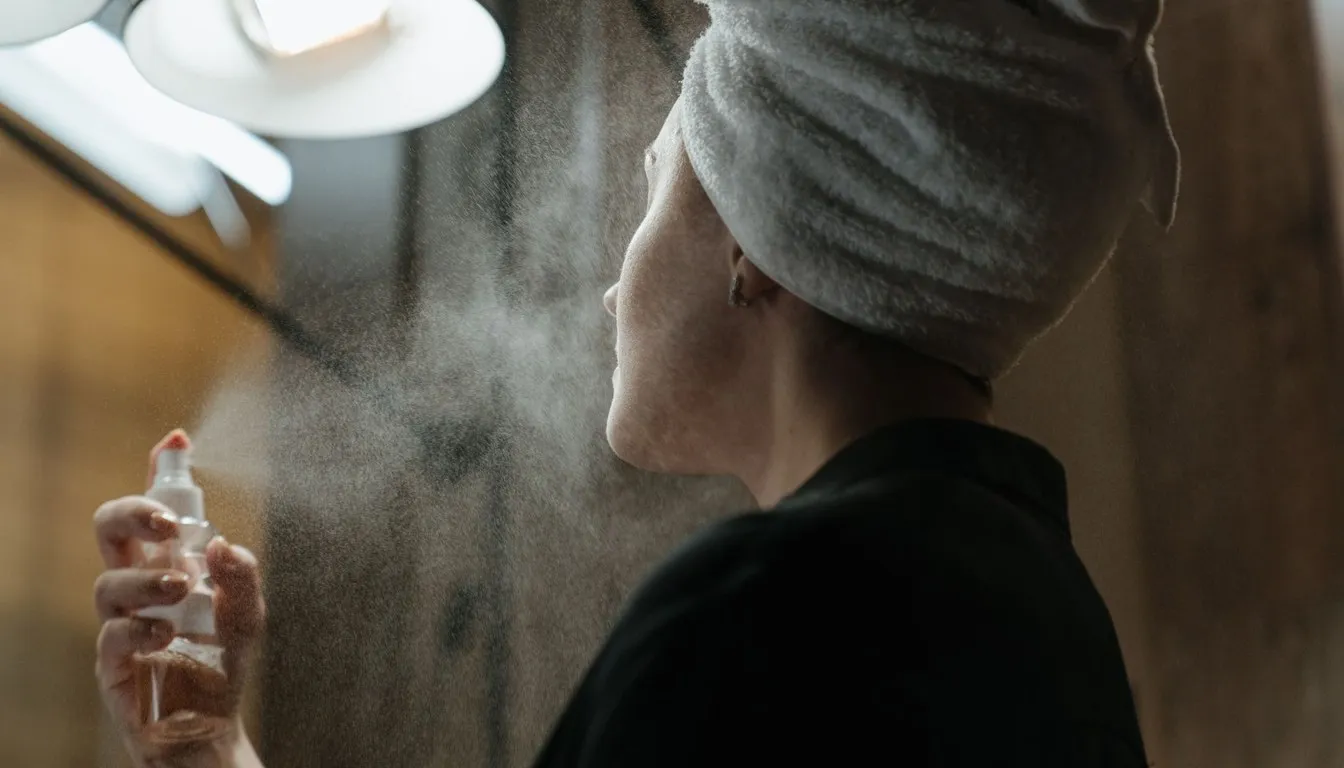 Person spraying cleaner in a steamy bathroom