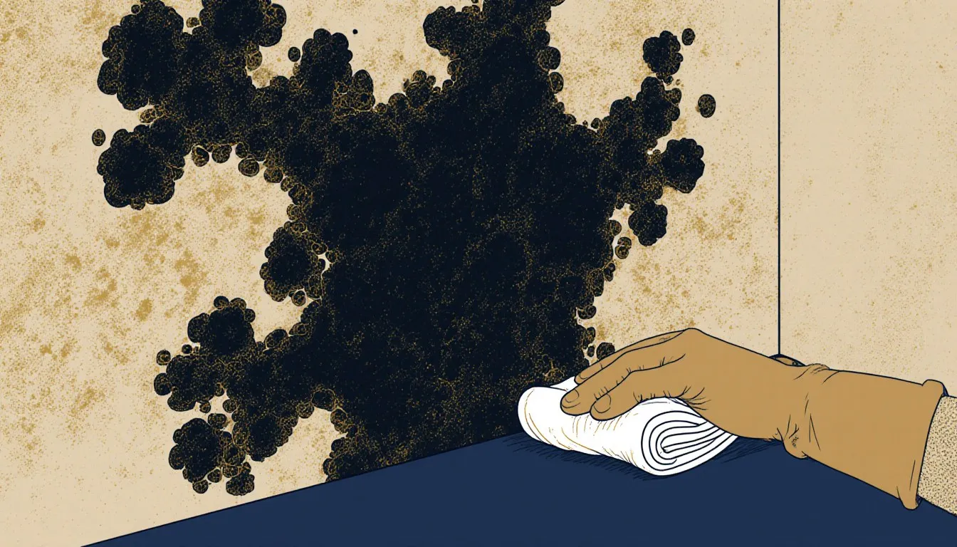 Gloved hand wiping black mold from a wall