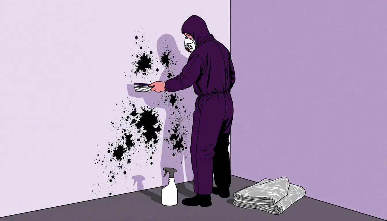 A worker in a respirator treating mould on a wall