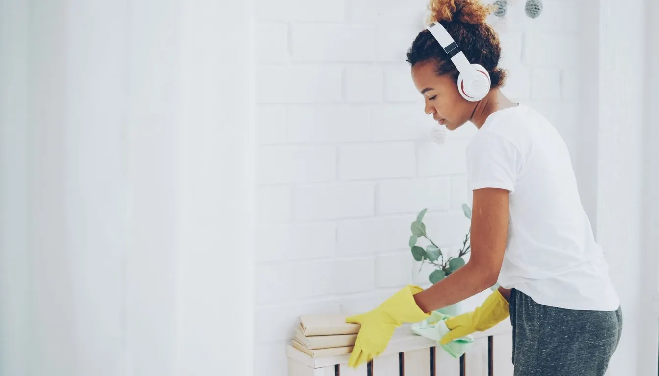 Woman scrubbing a white brick wall with gloves