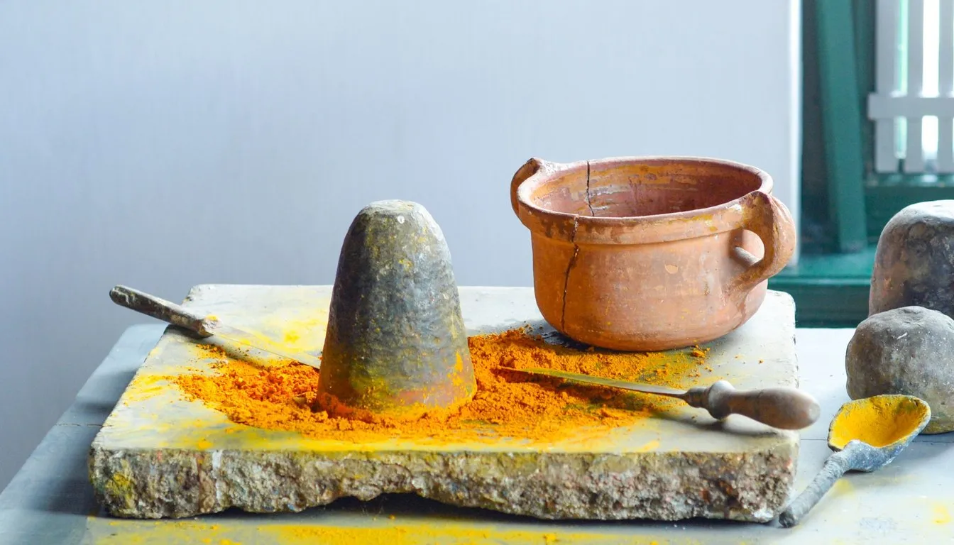 Stone mortar and pestle with ground turmeric